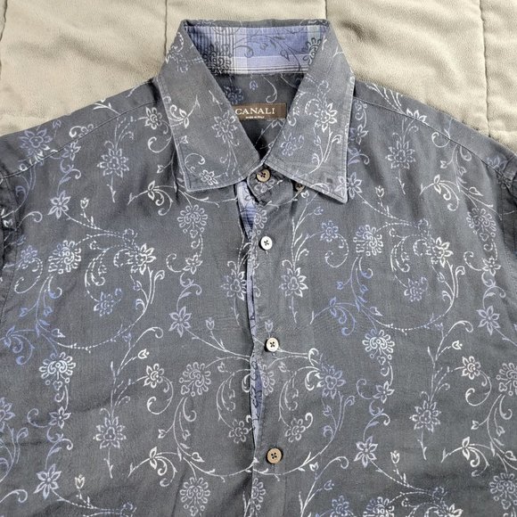 Canali Mens Large Black Button Shirt Floral Long Sleeve Formal Casual Party - Picture 3 of 8